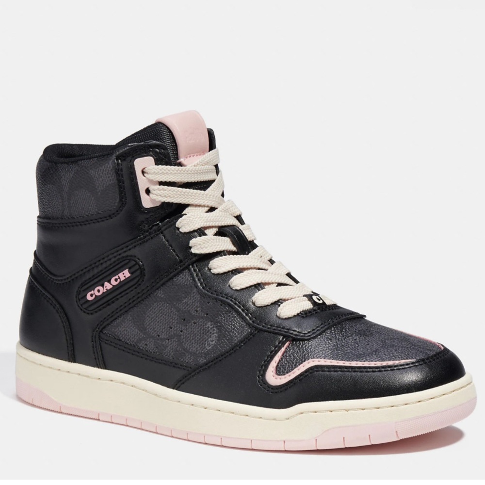Coach Women’s Black and Pink High Top Sneakers in Signature Canvas size 6.5